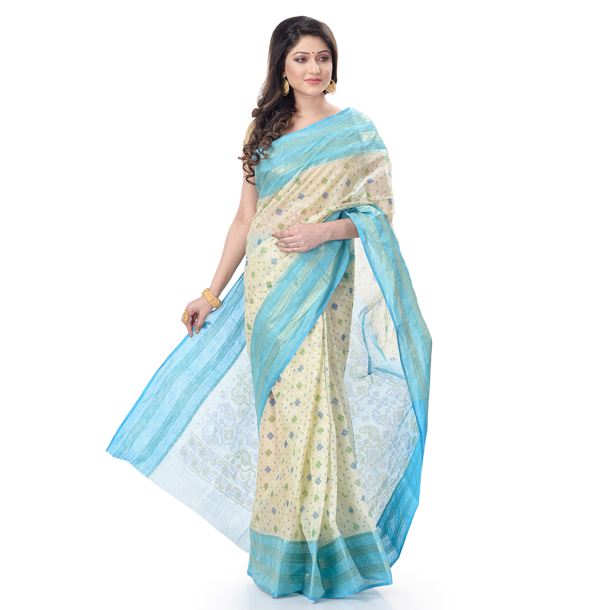 DESH BIDESH Women`s Bengal Tant Jamdani Print Design Pure Handloom Cotton Saree Without Blouse Piece (Blue)